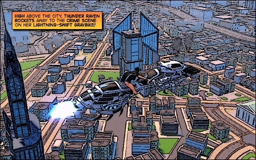 Thunder Raven flying over Millennium City on her gravbike.